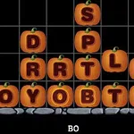 Letras en calabazas dispuestas en un patrón triangular sobre una cuadrícula de fondo negro