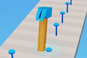 Martillo azul golpeando una serie de clavos en una superficie de madera
