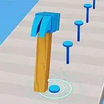 Martillo azul golpeando una serie de clavos en una superficie de madera