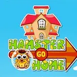 Casa caricaturesca con techo rojo y cartel que dice Hamster Go Home en un fondo azul claro