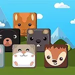 Ilustración de cubos con caras de animales sonrientes sobre un fondo de montañas y cielo azul con nubes