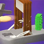Una guillotina de juguete con una mano de madera sosteniendo una cruz y un montón de billetes verdes sobre un fondo morado