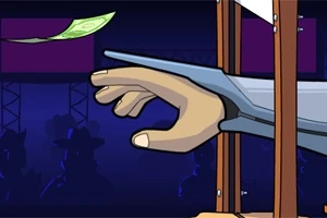 Mano animada debajo de una guillotina alcanzando un billete flotante