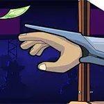 Mano animada debajo de una guillotina alcanzando un billete flotante