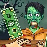 Zombi de piel verde con expresión aterradora sujetando billetes falsos con ganchos, mientras una mano humana intenta tomar el dinero