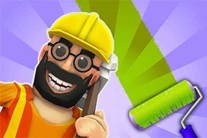 Personaje animado con casco amarillo y barba, sosteniendo un hacha junto a un rodillo de pintura verde sobre un fondo morado