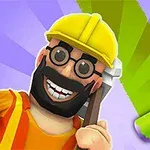 Personaje animado con casco amarillo y barba, sosteniendo un hacha junto a un rodillo de pintura verde sobre un fondo morado