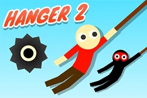 Un personaje de figura simple con camiseta roja y pantalones marrones balanceándose con una cuerda junto a un muñeco negro de ojos grandes, con el texto Hanger 2 y una rueda dentada negra en el fondo azul