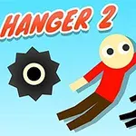 Un personaje de figura simple con camiseta roja y pantalones marrones balanceándose con una cuerda junto a un muñeco negro de ojos grandes, con el texto Hanger 2 y una rueda dentada negra en el fondo azul