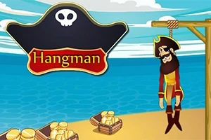 Pirata colgado en una horca junto al mar, con cofres de tesoros apilados en la arena y un sombrero con una calavera en el fondo