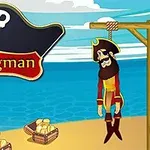 Pirata colgado en una horca junto al mar, con cofres de tesoros apilados en la arena y un sombrero con una calavera en el fondo
