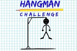 Dibujo de un monigote colgado en una horca sobre papel cuadriculado, con las palabras Hangman Challenge y un lápiz amarillo encima