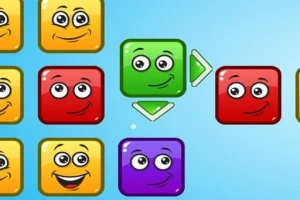 Caras sonrientes y coloridas en bloques cuadrados con flechas en un fondo azul