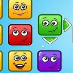 Caras sonrientes y coloridas en bloques cuadrados con flechas en un fondo azul