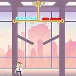 Un personaje de pie en una habitación con ventanales grandes, viendo un balancín con diamantes y lingotes sobre él