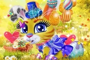 Un conejo colorido con un sombrero azul brillante y un vestido morado decorado, rodeado de huevos de Pascua y globos en un entorno festivo