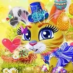 Un conejo colorido con un sombrero azul brillante y un vestido morado decorado, rodeado de huevos de Pascua y globos en un entorno festivo