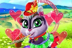 Un gatito animado con sombrero rojo y flores, ojos grandes y brillantes, rodeado de corazones rosados en un colorido paisaje campestre