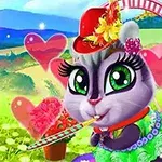 Un gatito animado con sombrero rojo y flores, ojos grandes y brillantes, rodeado de corazones rosados en un colorido paisaje campestre