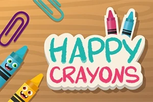 Crayones sonrientes de colores con clips sobre una superficie de madera y el texto Happy Crayons