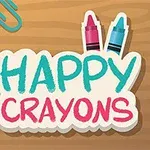 Crayones sonrientes de colores con clips sobre una superficie de madera y el texto Happy Crayons