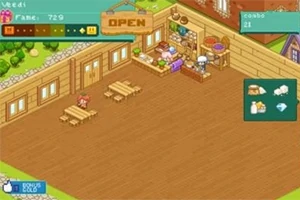 Interior de una cafetería de estilo pixel art con mesas de madera, un mostrador atendido por un personaje animado y un letrero de OPEN
