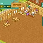 Interior de una cafetería de estilo pixel art con mesas de madera, un mostrador atendido por un personaje animado y un letrero de OPEN
