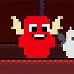 Dos personajes pixelados, uno rojo con cuernos y otro blanco con pequeñas alas, sobre un fondo oscuro