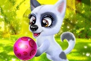 Perro caricaturesco con ojos grandes sosteniendo una pelota rosada en un entorno de jardín iluminado