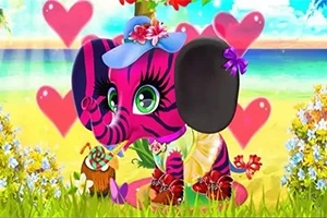 Elefante rosa con rayas negras y grandes ojos verdes, rodeado de corazones y flores, sentado en la playa bebiendo de un coco