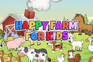 Animales de granja dibujados frente a un granero con un cartel colorido que dice Happy Farm for Kids