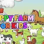 Animales de granja dibujados frente a un granero con un cartel colorido que dice Happy Farm for Kids