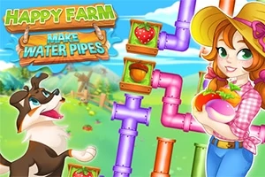 Mujer de granja sonriente con sombrero sostiene vegetales junto a un perro y tubos de agua de colores, fondo de campo