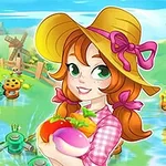Una joven sonriente con sombrero y trenzas sostiene verduras en un entorno de campo colorido con molinos y robots
