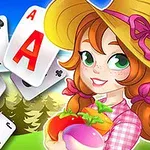 Una imagen colorida con una chica pelirroja con sombrero de paja sosteniendo vegetales, rodeada de cartas de juego flotando en un paisaje campestre