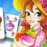 Una joven pelirroja con sombrero amarillo sostiene hortalizas, junto a cartas con imágenes de verduras y una bellota