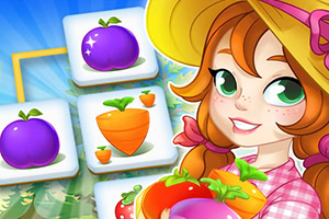 Una niña con sombrero sostiene vegetales, rodeada de fichas con frutas y verduras