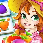 Una niña con sombrero sostiene vegetales, rodeada de fichas con frutas y verduras