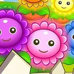Flores coloridas con caras sonrientes en un jardín animado