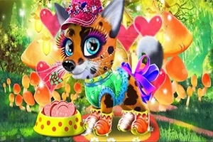 Perro caricaturesco con orejas grandes y ojos azules, vestido con ropa colorida y un sombrero, rodeado de hongos y corazones en un fondo de bosque vibrante