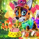 Perro caricaturesco con orejas grandes y ojos azules, vestido con ropa colorida y un sombrero, rodeado de hongos y corazones en un fondo de bosque vibrante