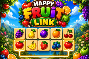 Tablero colorido con frutas y título Happy Fruit Link entre viñedos, flores y montañas