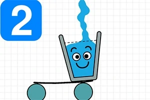 Vaso con cara feliz llenándose de agua sobre una estructura móvil con ruedas azules y un cuadrado azul marcado con el número 2 en la esquina