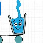 Vaso con cara feliz llenándose de agua sobre una estructura móvil con ruedas azules y un cuadrado azul marcado con el número 2 en la esquina