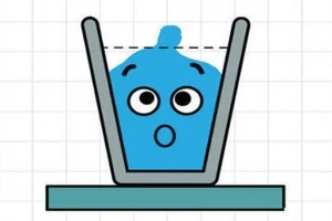 Una figura azul dentro de un vaso de cristal gris con cara de sorpresa sobre un fondo cuadriculado