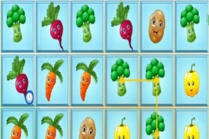 Cuadrícula de íconos coloridos de vegetales con rostros sonrientes y líneas que los conectan
