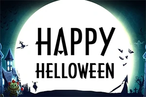 Fondo oscuro con luna llena, casas embrujadas, murciélagos volando y texto Happy Halloween al centro