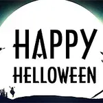 Fondo oscuro con luna llena, casas embrujadas, murciélagos volando y texto Happy Halloween al centro