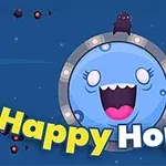 Personaje azul sonriente dentro de un engranaje rodeado de pequeños objetos flotantes y texto colorido