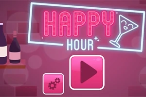 Letrero de neón que dice Happy Hour junto a iconos de botellas y botones de configuración y reproducción en un fondo rosado